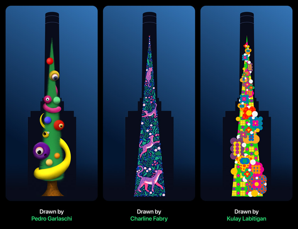 Colorful winning Christmas tree designs by Takako Copeland, Nermin Syuleymanova, Nygilia McClain, and Sam Wilde.