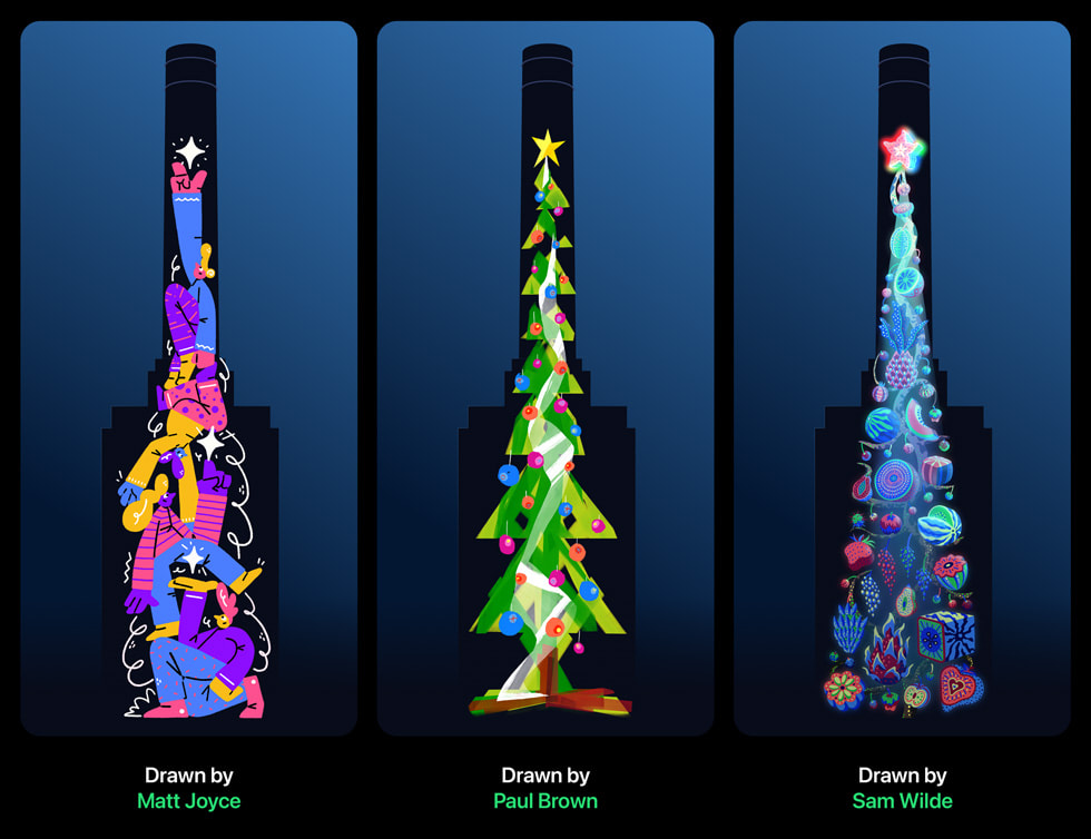 Colorful winning Christmas tree designs by Matt Joyce, Paul Brown, and Sam Wilde.