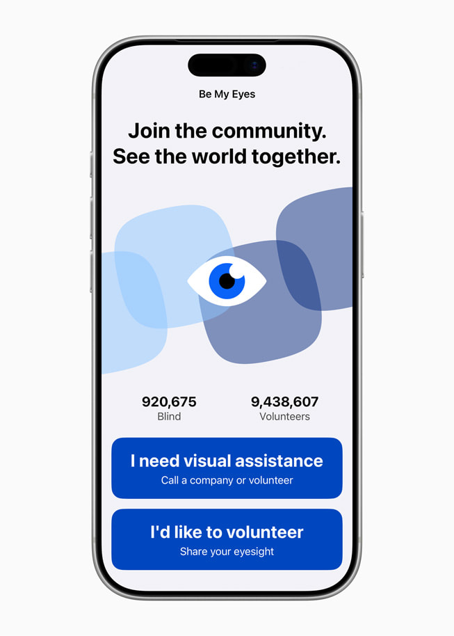 A screenshot taken on an iPhone 17 Pro of the home screen of the Be My Eyes app. Users have the choice to select between two options. The first is for people who need visual assistance; the second is for volunteers. 