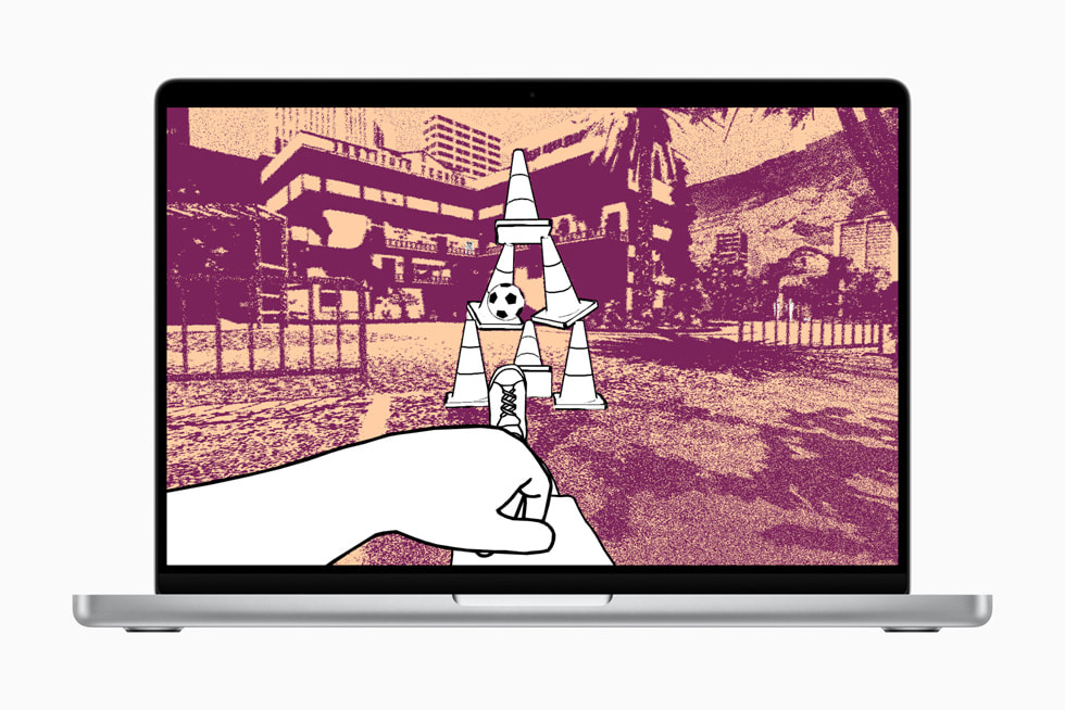 A screenshot taken on a MacBook Pro M5 14-inch that shows a soccer scene from the streets of Quito from the point-of-view of Julian, the 8-year-old protagonist of the despelote game. 