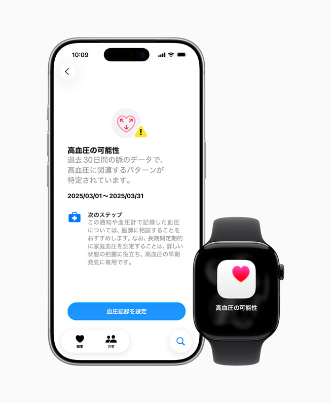 「高血圧の可能性」を表示し、その他の詳細情報を提供する、ユーザーのiPhone 17 ProとApple Watch Series 11。