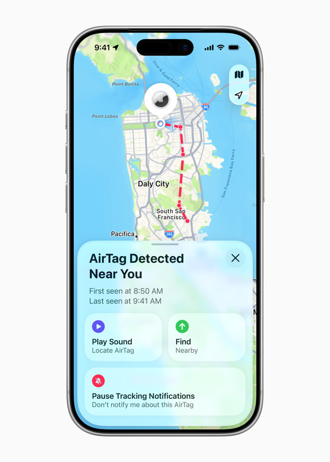 A user’s iPhone 17 Pro shows an alert that reads, “AirTag Detected Near You,” alongside a map and more details on the tracking notification.