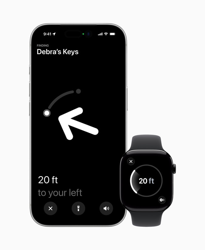 A user’s Apple Watch shows an item labeled “Debra’s Keys” is 20 feet away.