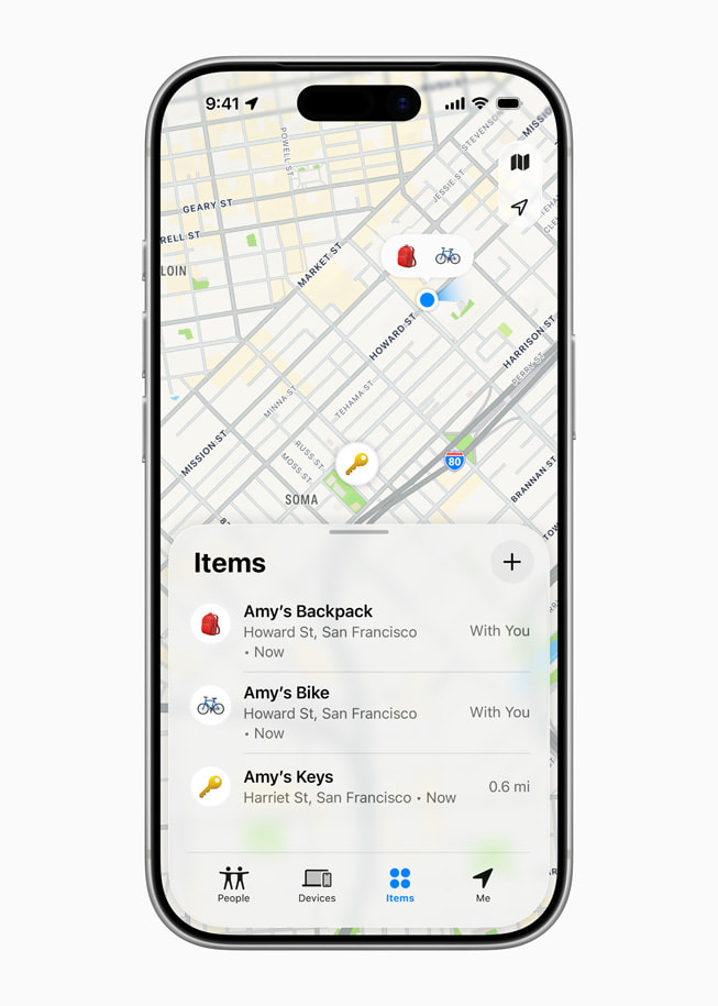 iPhone 17 Pro shows a list of a user’s items alongside a map.