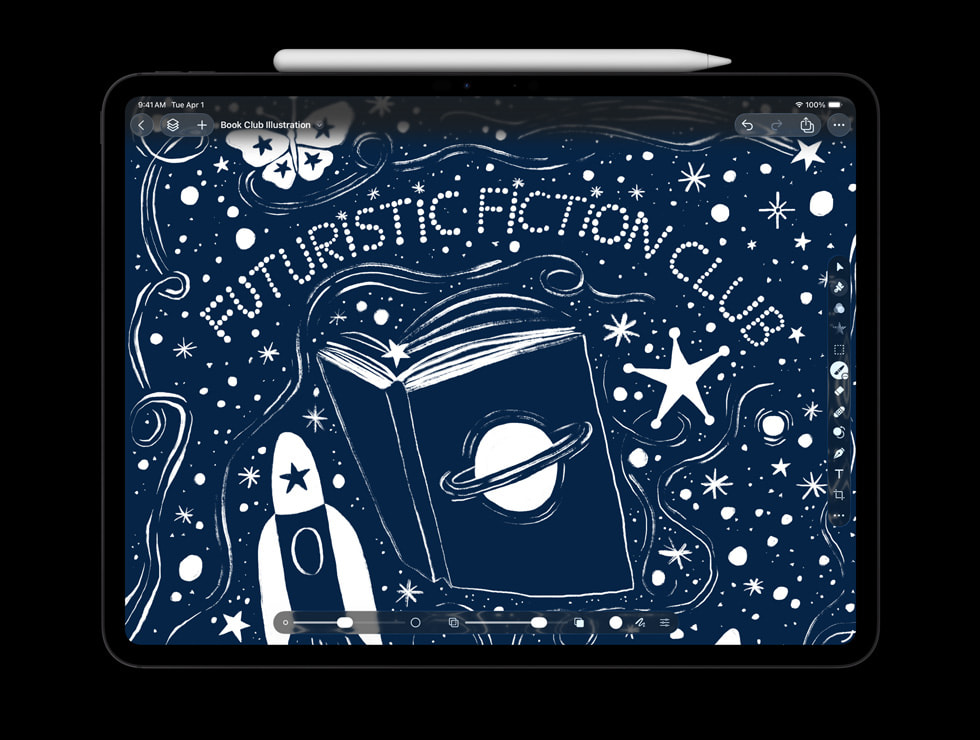 A Pixelmator Pro project displayed on iPad Pro with an Apple Pencil attached.