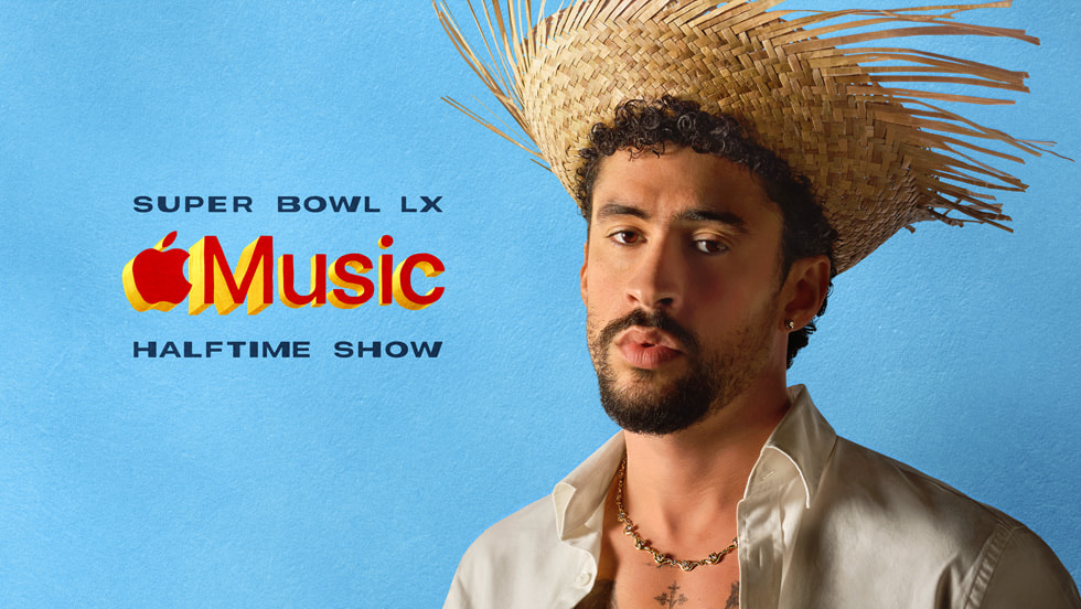Artwork for the Apple Music Super Bowl LX Halftime Show shows Bad Bunny wearing a straw hat against a blue background.