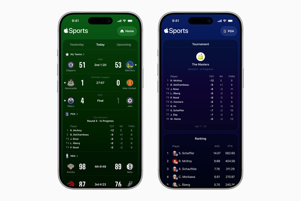 Due iPhone 17 Pro che mostrano l’app Apple Sports.