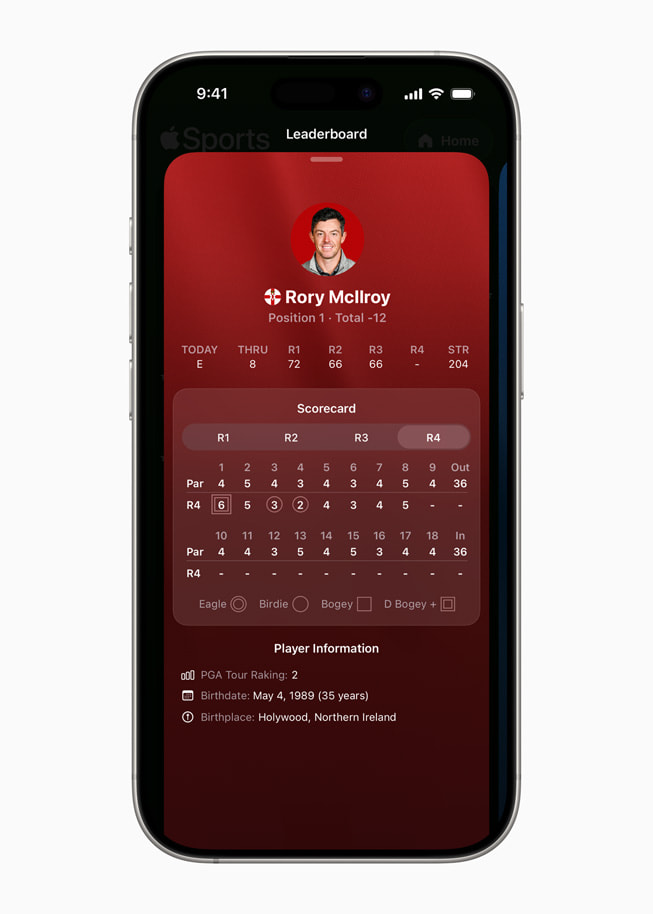 Un iPhone 17 Pro che mostra la pagina della classifica del golfista Rory McIlroy nell’app Apple Sports.