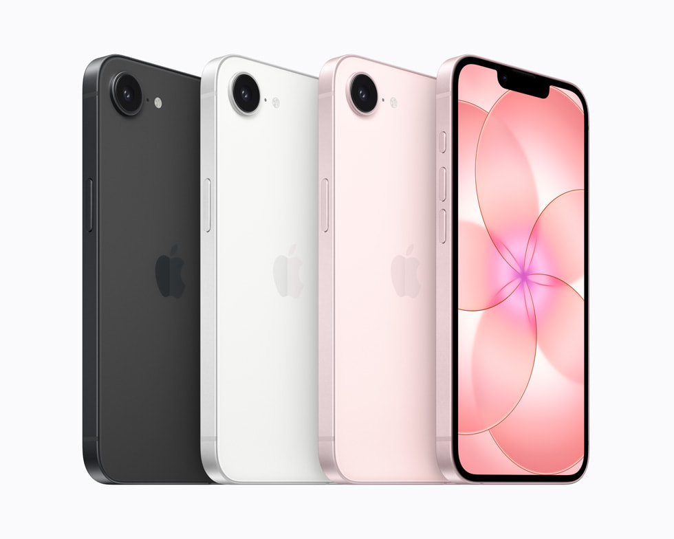 Four iPhone 17e devices — one in black, one in white, and two in soft pink — are shown.