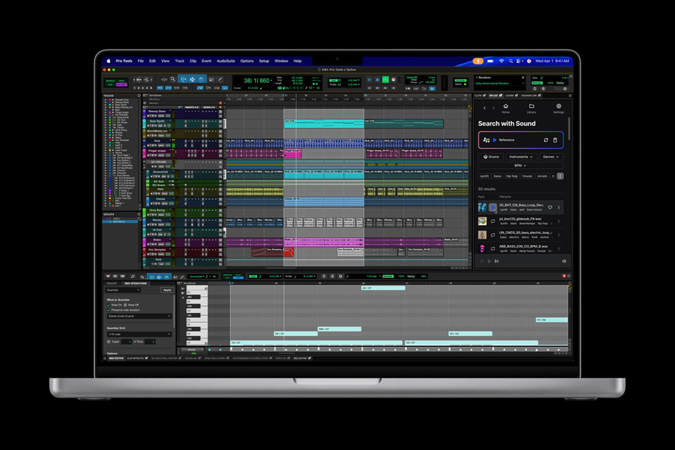 MacBook Pro shows a music production screen in Avid Pro Tools.