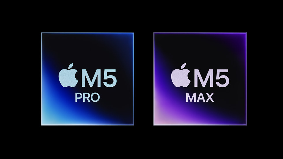 A graphic representation of Apple’s M5 Pro and M5 Max against a black background.
