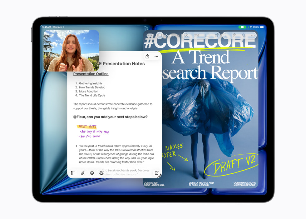 FaceTime, Notes, and a PDF opened using the Preview app are shown on the new iPad Air with M4.