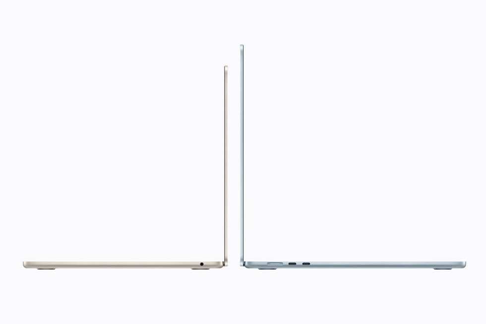 The 13-inch MacBook Air in starlight is shown beside the 15-inch MacsBook Air in sky blue.