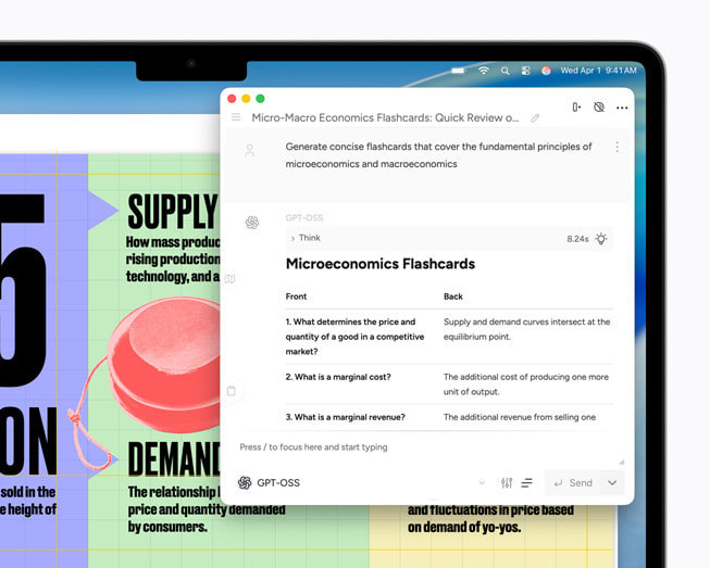 MacBook Air shows a Msty Studio screen featuring microeconomics flashcards.