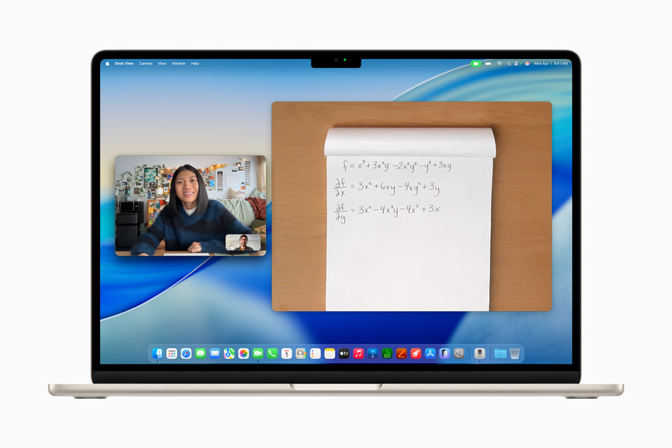MacBook Air shows a FaceTime call with a Desk View window that features a handwritten math problem on a sheet of paper.