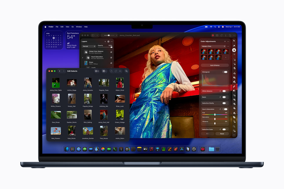 MacBook Air shows a Pixelmator Pro screen and a selection of photos.