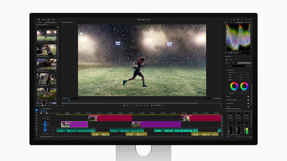 Adobe Premiere is shown on Studio Display XDR.