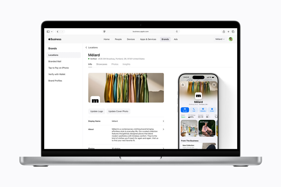 In the Apple Business platform on Mac, a screen showing a business’s location info is shown.
