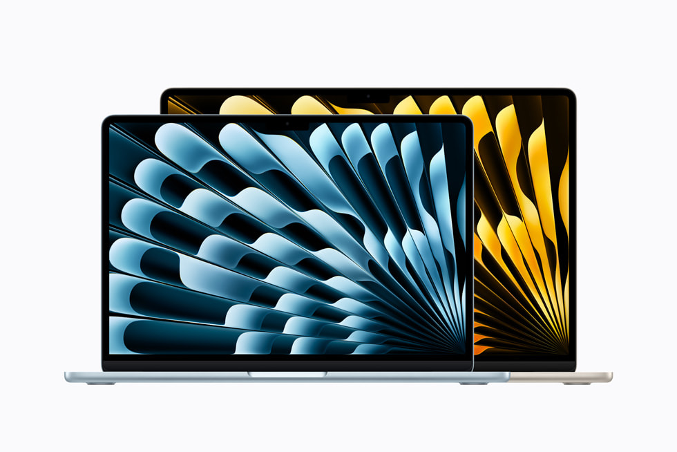 13-inch MacBook Air in sky blue is shown in front of 15-inch MacBook Air in starlight.