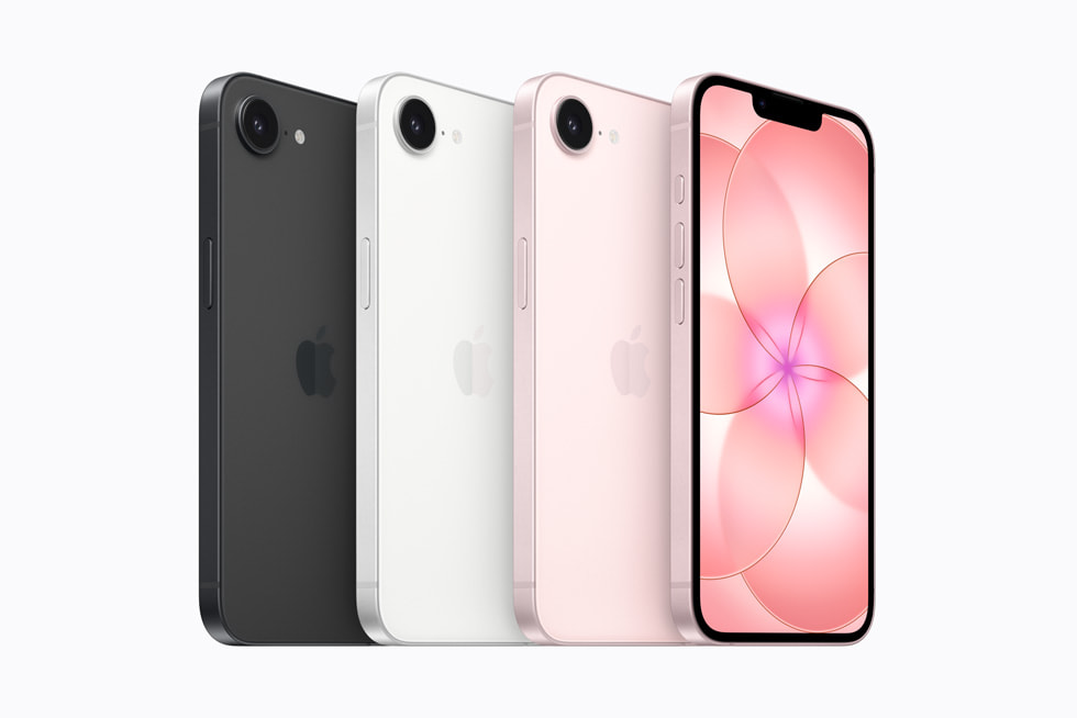 Four iPhone 17e devices — one in black, one in white, and two in pink — are shown.