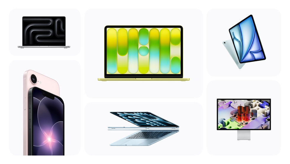 Apple’s new products are shown, clockwise from top left: MacBook Pro, MacBook Neo, iPad Air, Studio Display XDR, MacBook Air, and iPhone 17e.