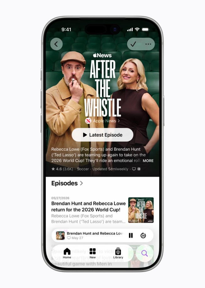 An iPhone shows the ‘After the Whistle with Brendan Hunt and Rebecca Lowe’ podcast page in the Apple News app, with a photo of Brendan Hunt and Rebecca Lowe.