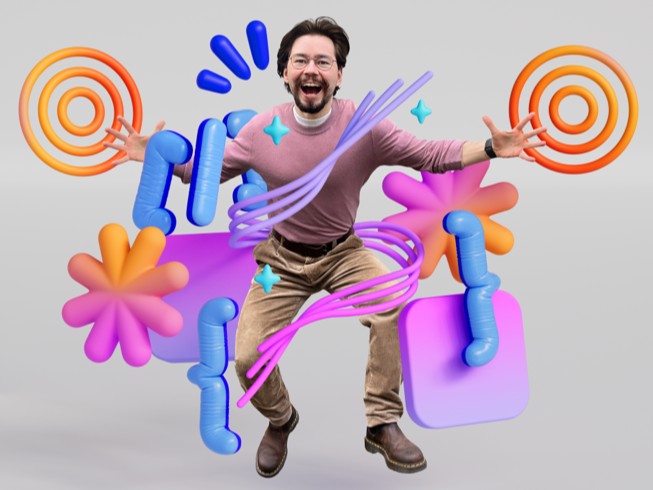 Anton Baranov jumps excitedly, surrounded by colorful 3D illustrations representing presentation elements like code braces and targets.