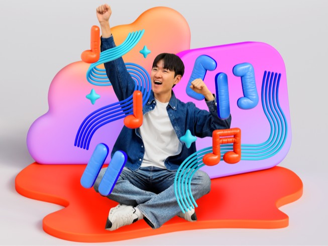 Yoonjae Joung cheers with one arm raised, surrounded by colorful 3D illustrations of musical notes, a viola, and sound waves.