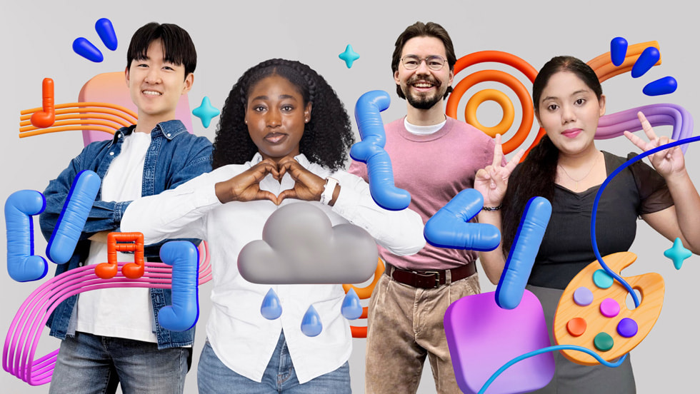 A colorful collage featuring 2026 Swift Student Challenge Distinguished Winners Yoonjae Joung, Karen-Happuch Peprah Henneh, Anton Baranov, and Gayatri Goundadkar.