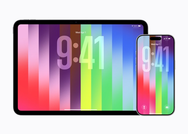 Matching wallpaper from the new Apple Watch Pride Collection is displayed on an 11-inch iPad Pro and iPhone 17 Pro.