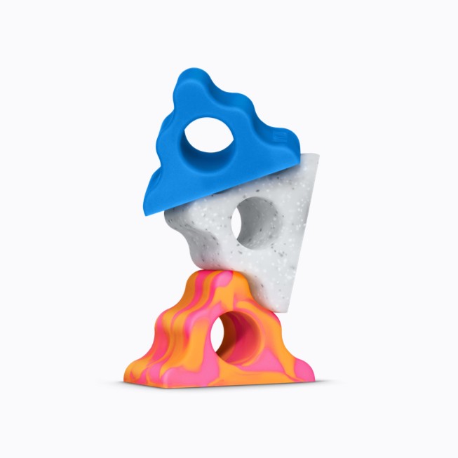 Three colorful, sculptural Hikawa Grip & Stand adaptive accessories for iPhone.