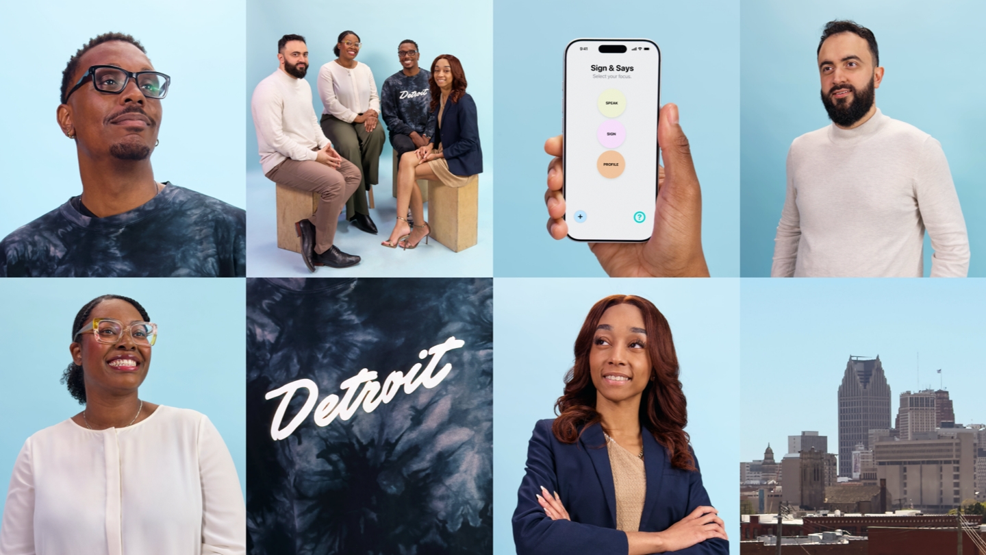 A collage of photos shows Nick Gordon, Saamer Mansoor, Briaca Duesette, and Courey Jimenez, including one photo of Mansoor using iPad and another with Jimenez looking at her app Sign & Says on iPhone.