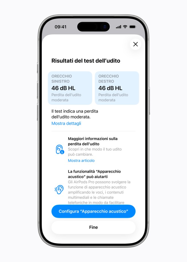 Un iPhone 17 Pro con la pagina di configurazione della funzione Test dell’udito nell’app Salute.