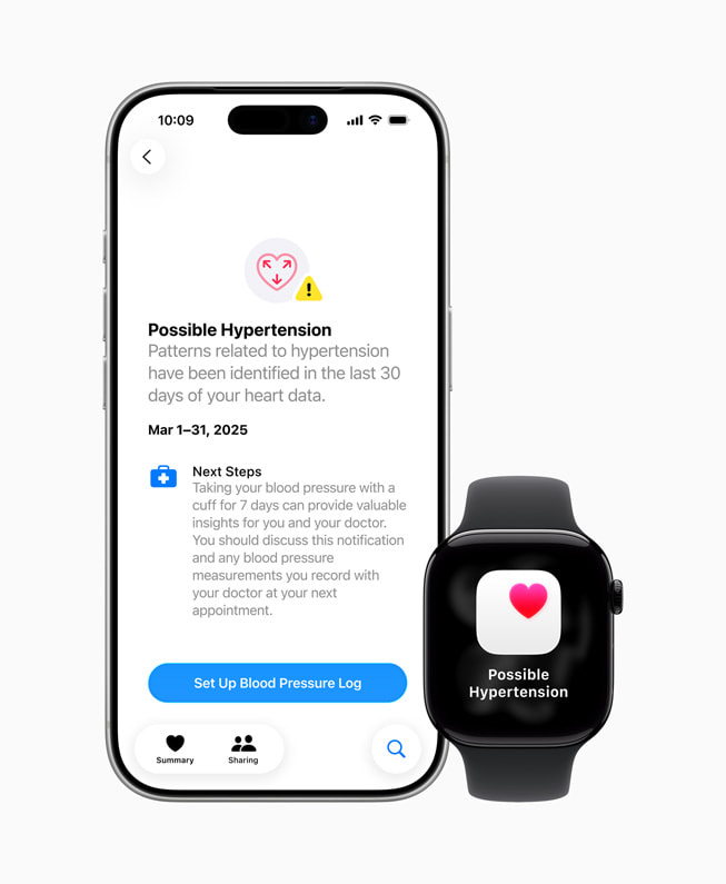 The hypertension notifications feature is shown on iPhone 17 Pro and Apple Watch.