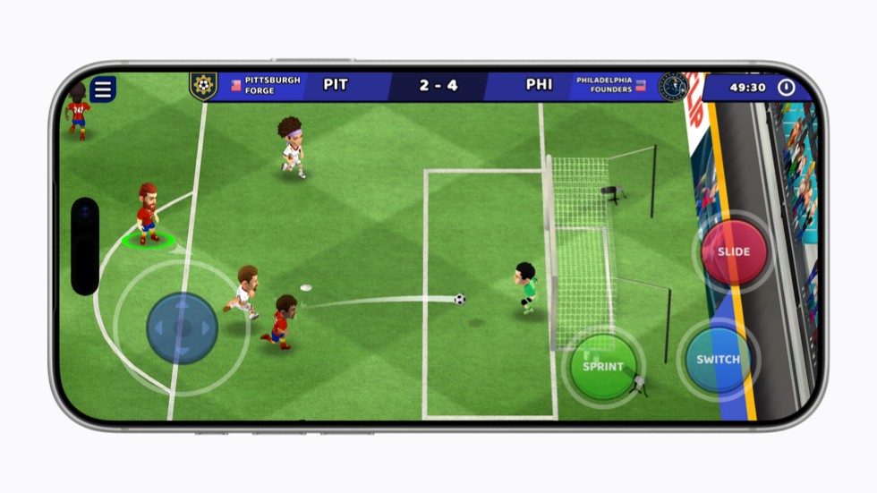 Un’istantanea del gioco Mini Football Legends su iPhone 17 Pro che mostra una partita di calcio in corso.