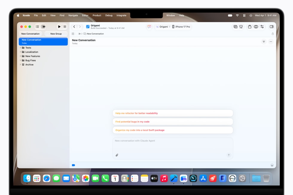 MacBook Pro shows a new conversation page in Xcode 27.