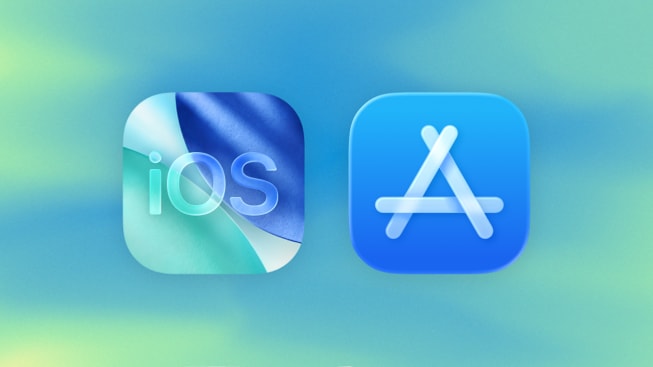 The iOS 26 Liquid Glass logo and the App Store logo side by side.