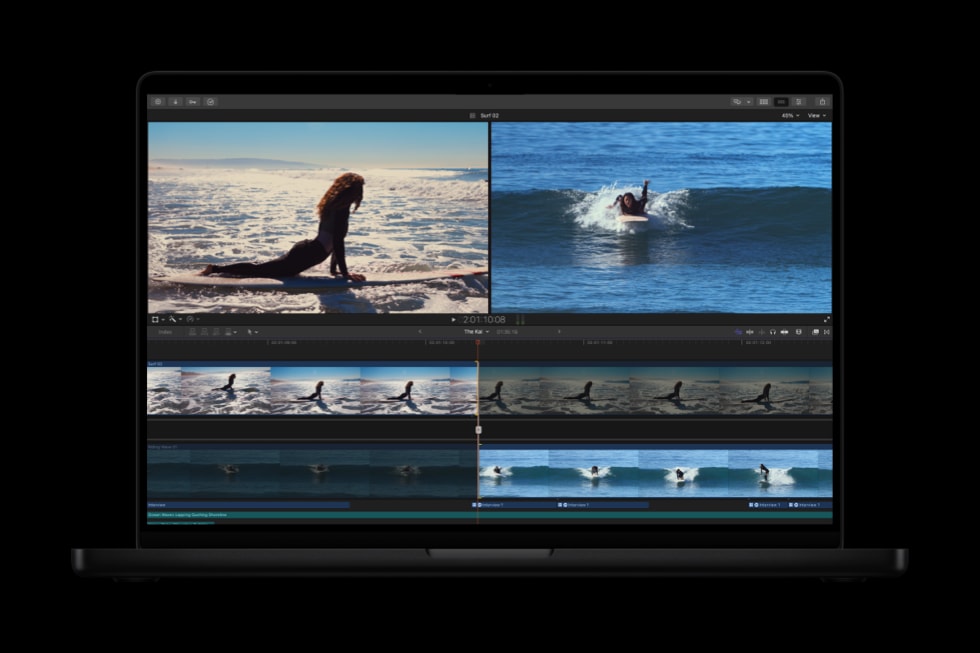 MacBook Pro shows the Advanced Trimming capability in Final Cut Pro.