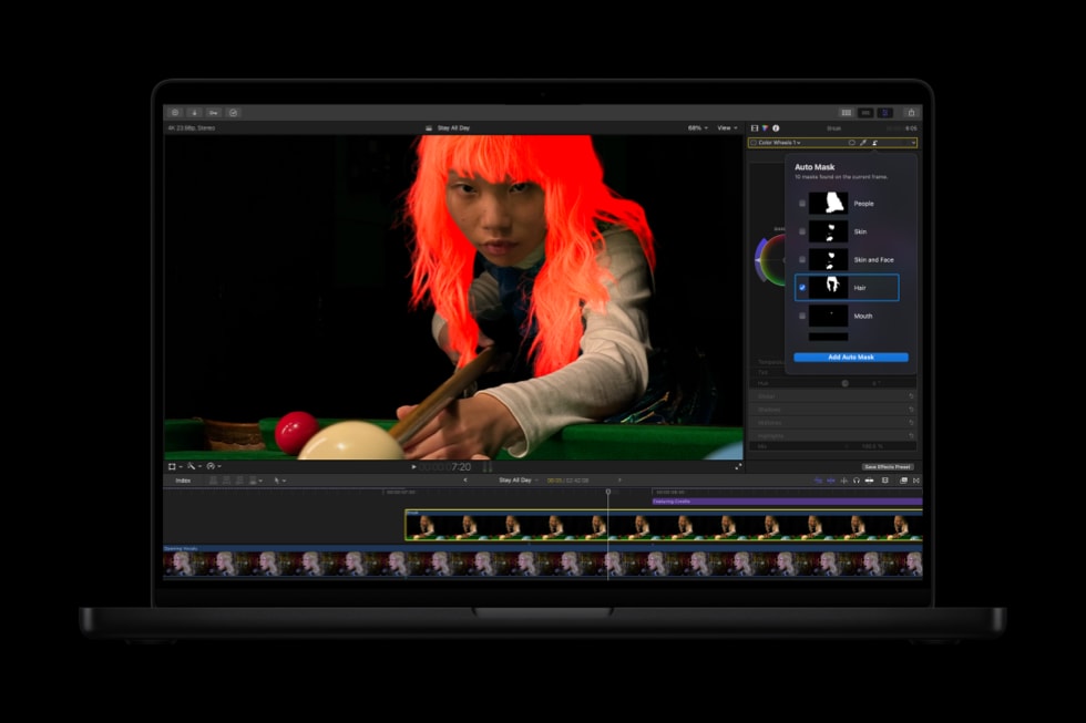 MacBook Pro shows the Auto Mask feature in Final Cut Pro.