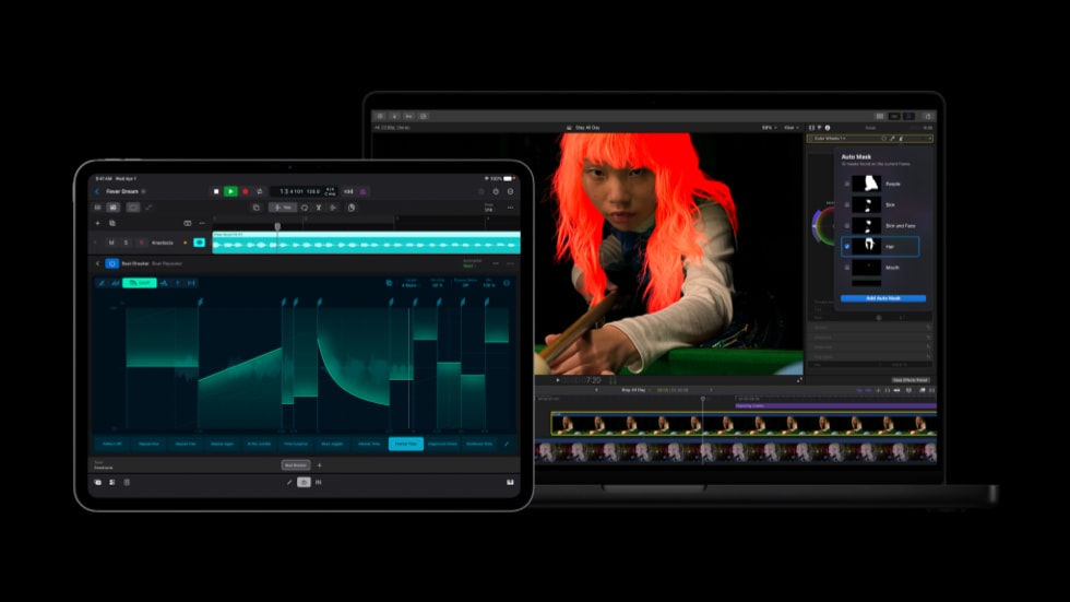 iPad Pro shows the Beat Breaker tool in Logic Pro, and MacBook Pro shows the Auto Mask tool in Final Cut Pro.