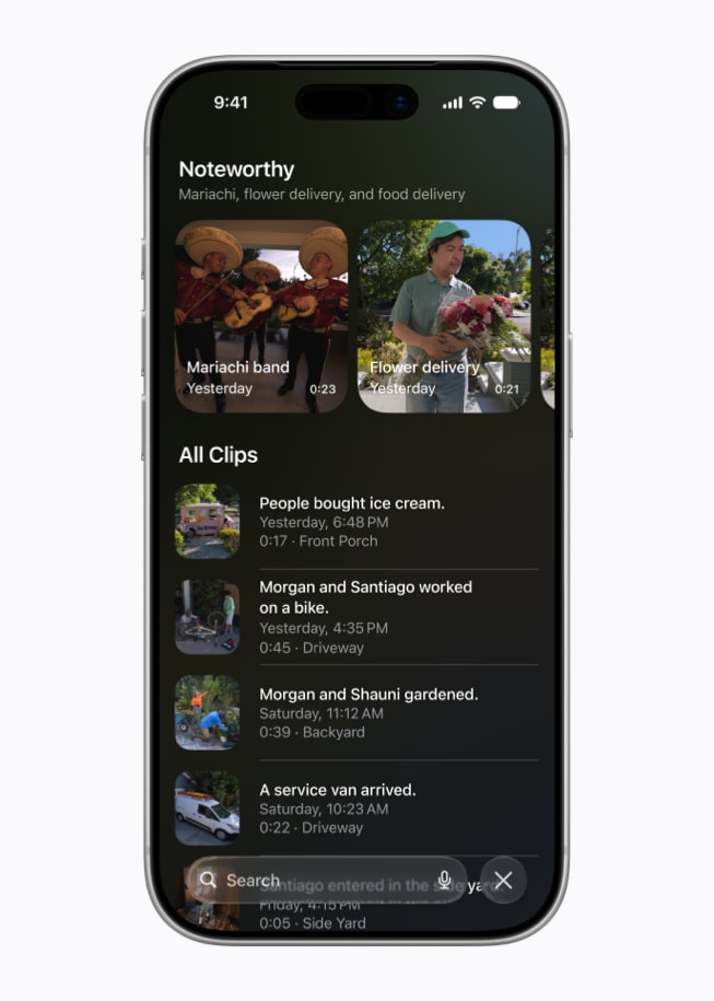 An iPhone 17 Pro screen in the Home app shows a Noteworthy section with various video clips from security cameras.