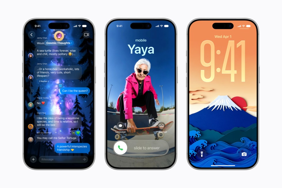 Screens on three iPhone 17 Pro show the use of Image Playground, one in the Messages app, one as a Contact Poster, and one as a Lock Screen wallpaper.