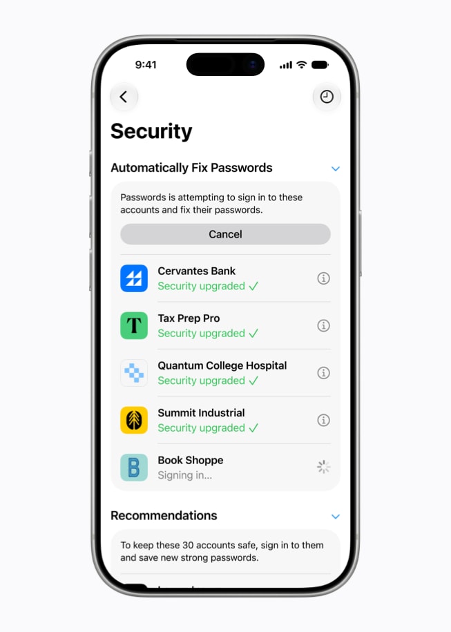 A screen on iPhone 17 Pro displays the Passwords app in the process of automatically fixing weak and compromised passwords for various accounts.