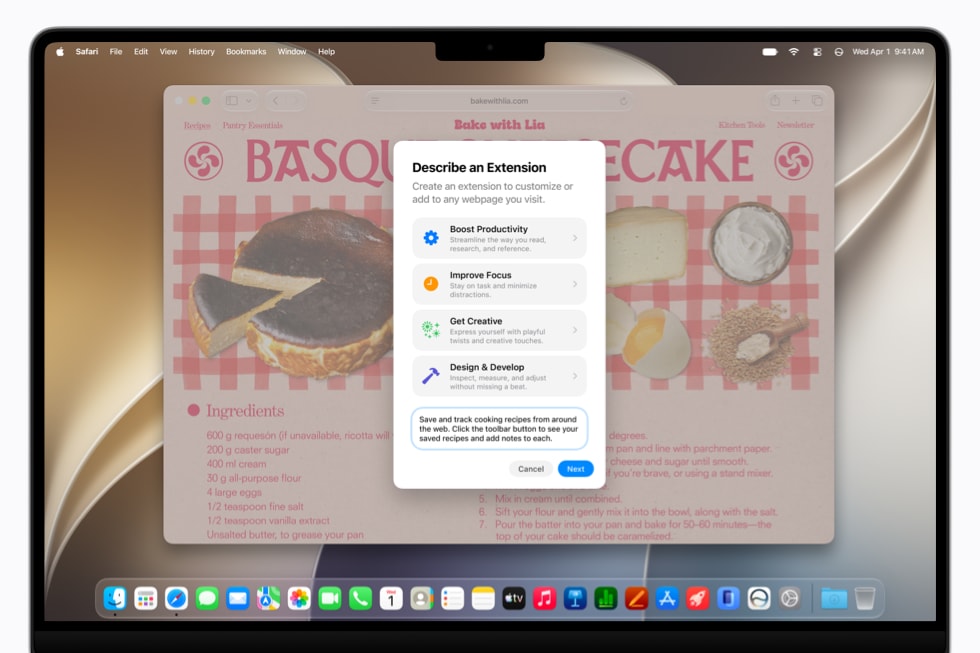 A 14-inch MacBook Pro screen shows a Safari dialog box for the Create Extension feature on a baking website.