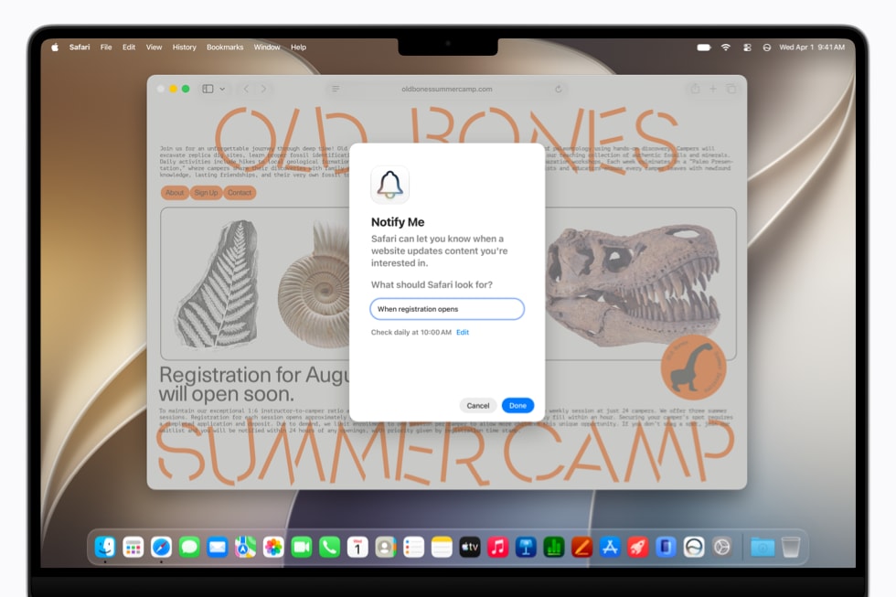 A screen on a 14-inch MacBook Pro shows the Notify Me feature on a summer camp website.