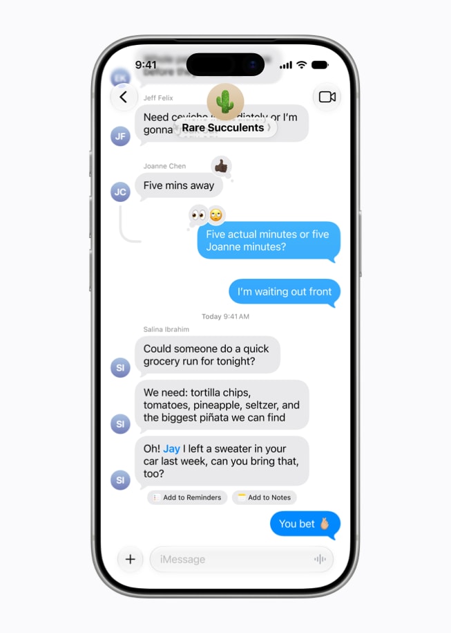 An iPhone 17 Pro screen shows a conversation in the Messages app with Add to Reminders and Add to Note suggestions made based on the text.
