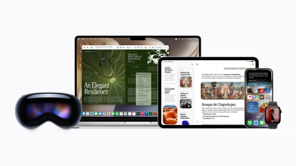 A collection of Apple products, including Apple Vision Pro, MacBook, iPad, iPhone 17 Pro, and Apple Watch, all displaying various interfaces.