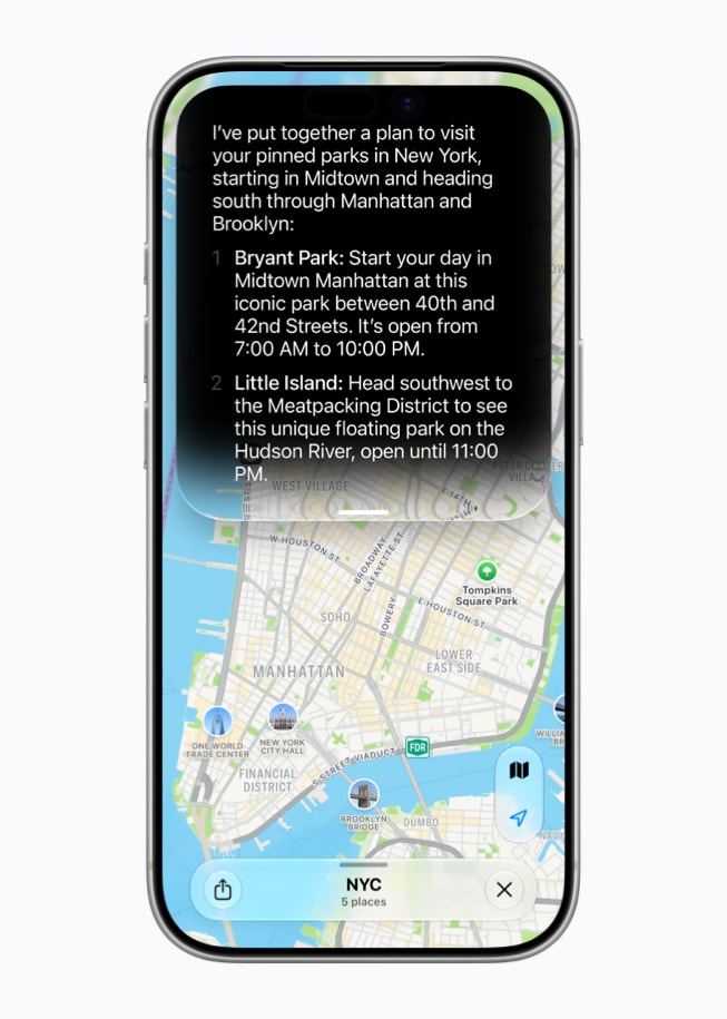 In Apple Maps on iPhone 17 Pro, Siri AI puts together a plan for a user’s visit to New York.