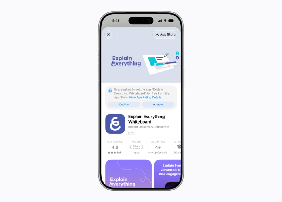 A screen on iPhone 17 Pro shows an Ask to Buy prompt for the Explain Everything Whiteboard app in the App Store.
