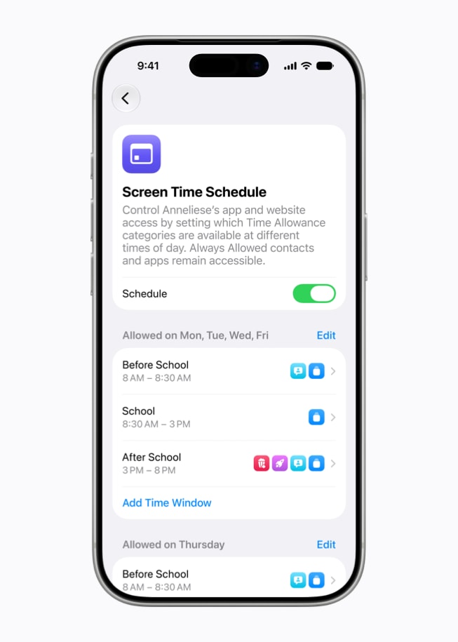 A screen on iPhone 17 Pro shows options for setting a Screen Time Schedule.